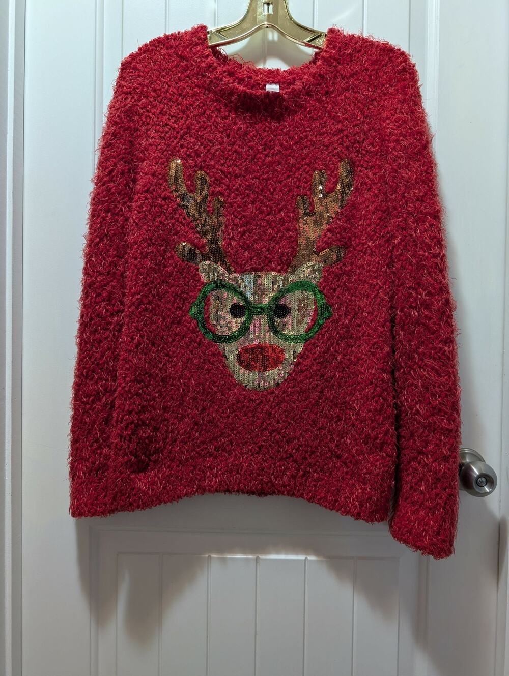 No Boundaries Ugly Christmas Sweater Size XL Red Gold Sequined Rudolph Reindeer